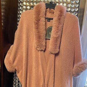 Dennis Basso Faux Fur Trimmed Poncho in Pink